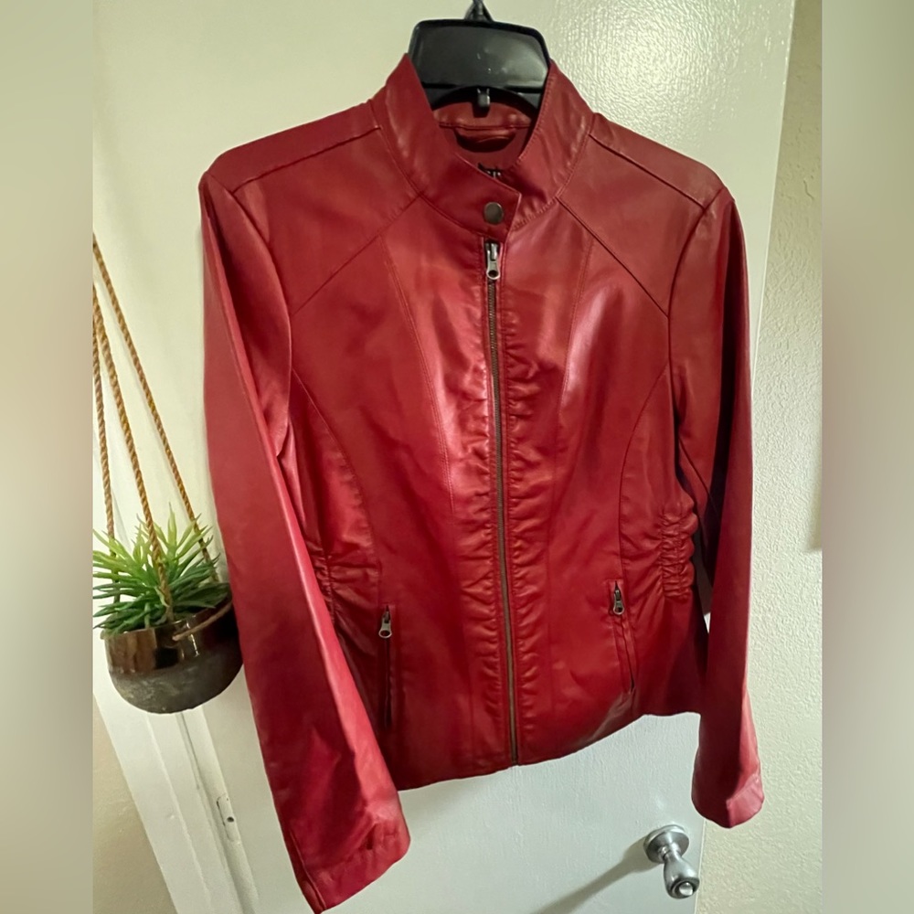 Red faux leather jacket